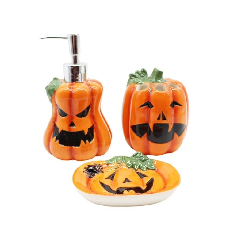 OEM Ceramic Halloween Holiday Bathroom Countertops Lotion Dispenser Pumpkin Shape Hand Soap Dispenser Hand Lotion Dispenser