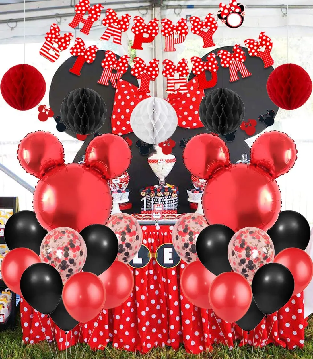 Jollyboom Fournitures de fête à thème Mickey et Minnie Rouge et Noir Ballons de Guirlande Minnie Joyeux Anniversaire bannière pour Anniversaire Baby Shower 