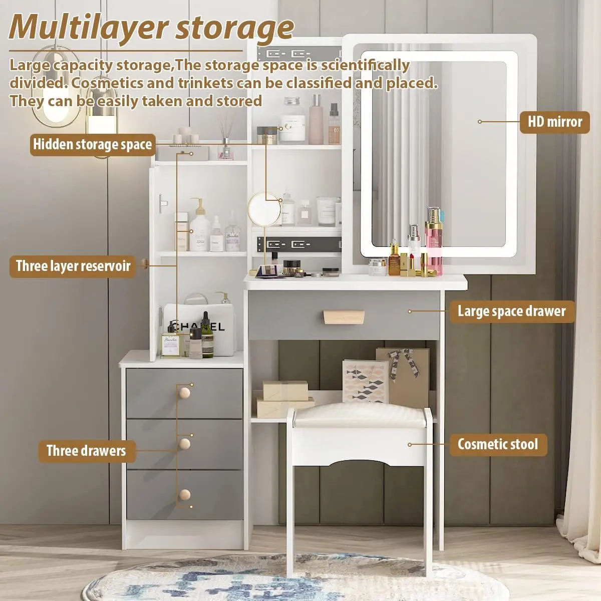 Makeup Vanity Set With Sliding Lighted Mirror & Stool