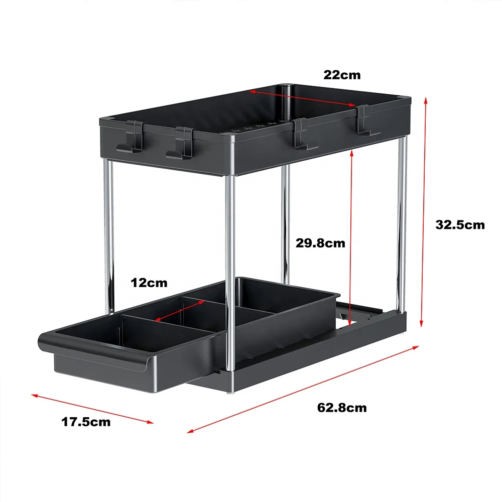 2 Tier Carbon Steel Spice Kitchen Rack Pull Out Sliding Shelf Under Sink Organizer for Kitchen Cabinet Storage Drawer