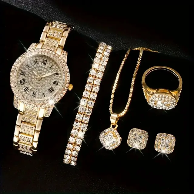 6 Zircon Women's Classic Sports Watch Bracelet Set Full Flower Pointer Quartz Gold Plated Alloy Perfect Gift  Girl Friend