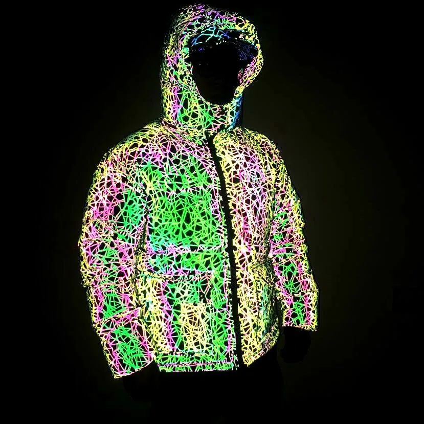 Yufan New Design Unisex 3d Pocket Outdoor Dazzling Reflective Down Jacket Rainbow Luminous Hooded Winter Padded Jacket