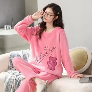 Lady Flannel Thermal Soft Sleepwear Autumn Winter Thick Pajamas Home Wear Lady Cute Long Sleeve Cartoon Sleepwear Two Piece Set