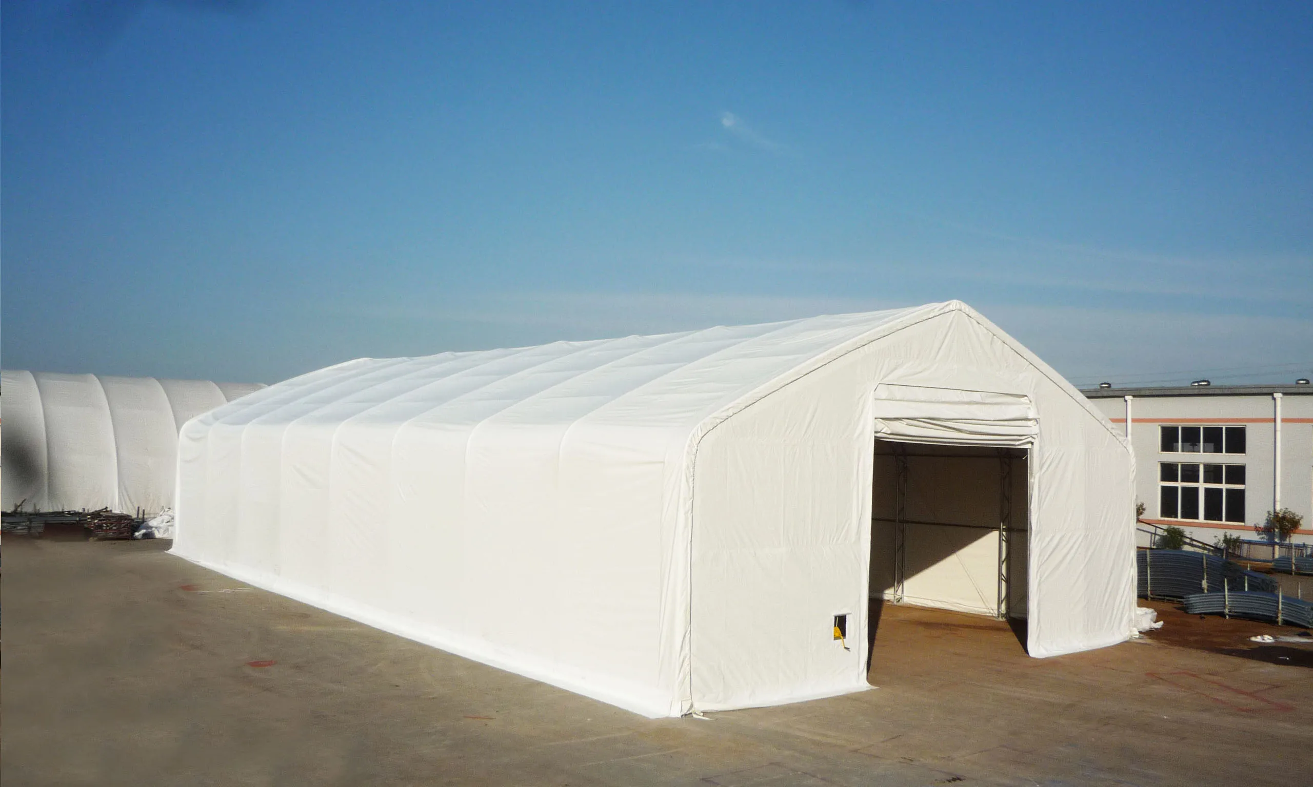 Outdoor Steel Frame Tent with Temporary Roof Structure Tarp Cover and Pressure Treated Wood for Farms