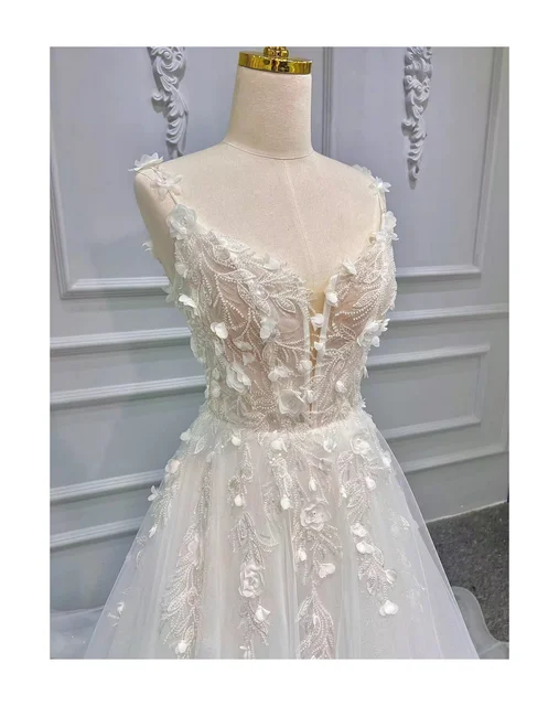 A-line Dress 3D Flowers Lace Pearls Beaded Bustle Train Wedding Dress