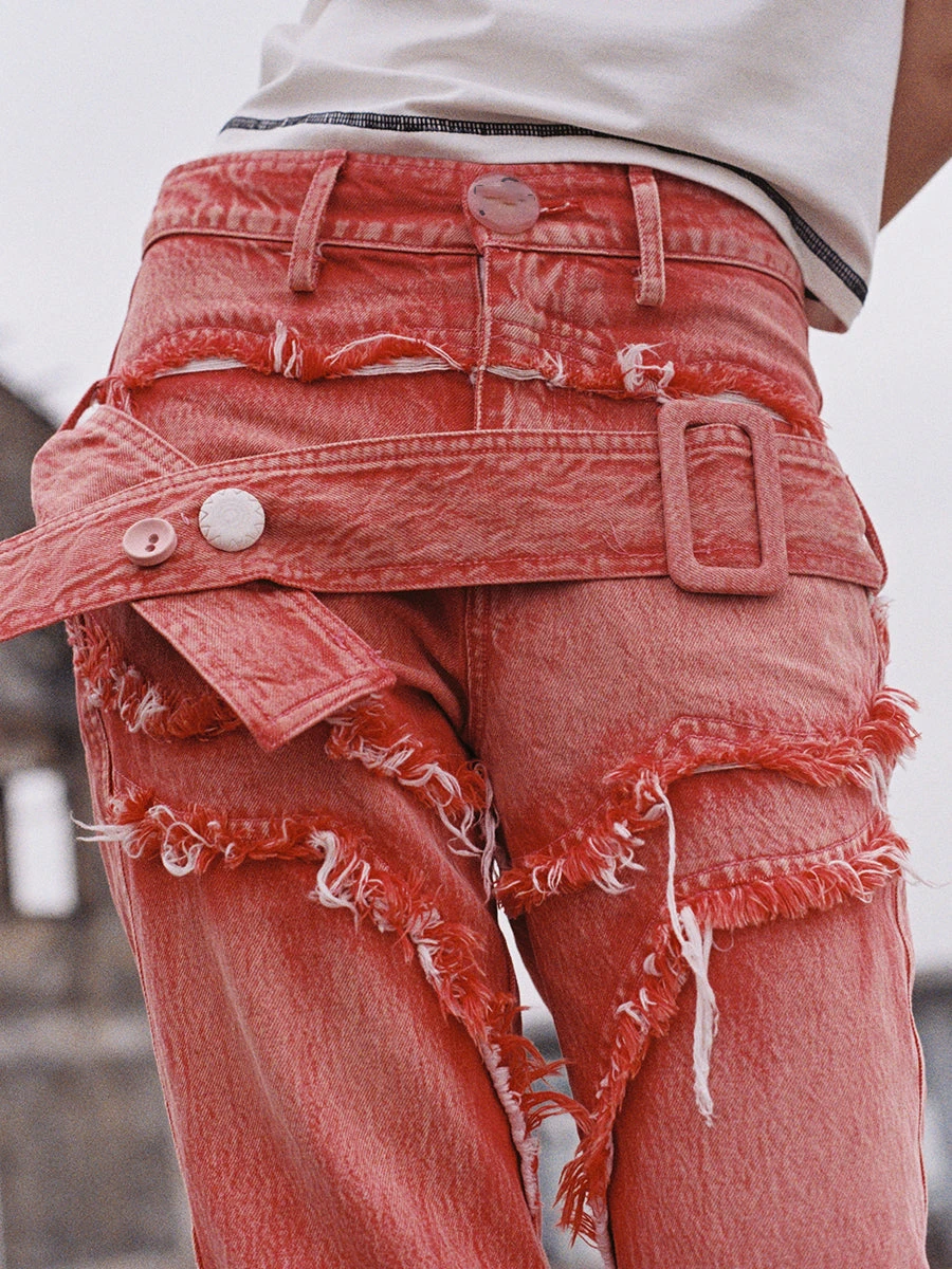 Fashion Women Red Paneled Frayed Jeans Hip Hop Street Ripped Washed