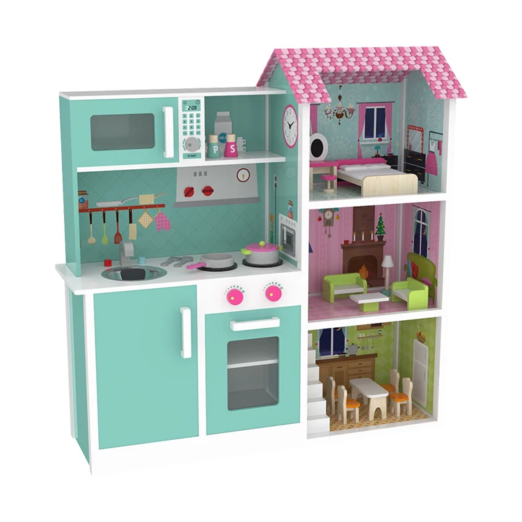 New Design Play Toys Wooden 2-in-1 Kitchen Baby Doll House