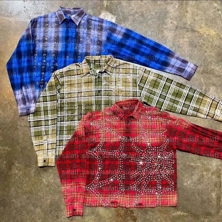 Salati High Quality Diamond T-shirt Glitter Rhinestone Acid Wash Button Down up Full Long Sleeve Check Plaid Flannel Men's Shirt gallery 3