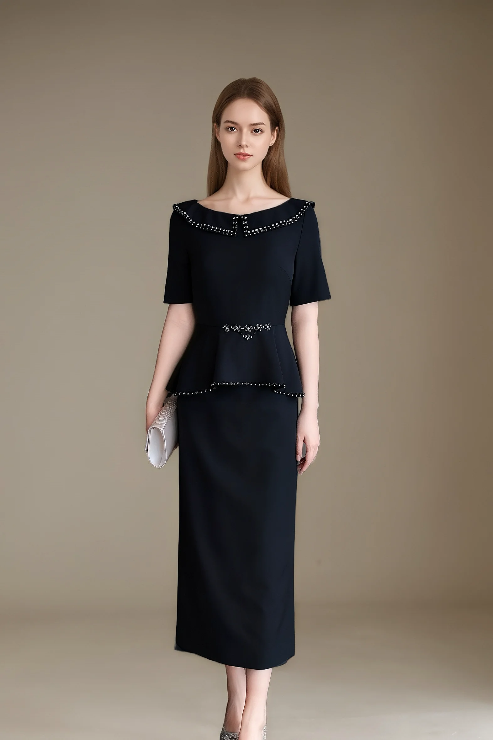 Elegant Plus Size Peplum Midi Dress with Beaded Details, Modest Formal Evening Gown for Mother of the Bride, Cocktail Party Elegant Plus Size Peplum Midi Dress with Beaded Details, Modest Formal Evening Gown for Mother of the Bride, Cocktail Party
