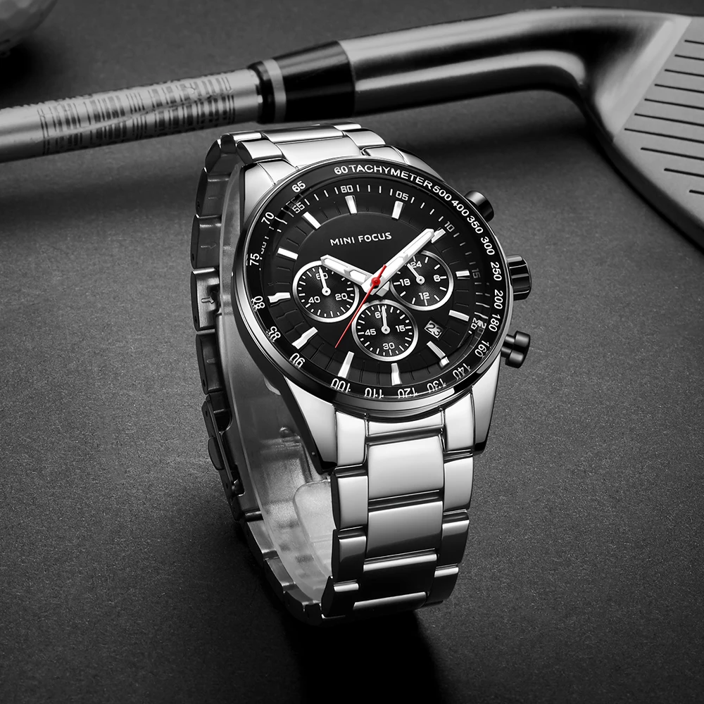 MINI FOCUS MF0187G Latest New Design Business Mens Watch Hot Quartz Stainless Steel Strap 3 Dials Chronograph Wholesale Watch