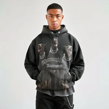 Retro Doberman Print Letter Foam Pullover Terry Hoodies Washed and Distressed Oversized Casual Sweatshirts Loose Hooded