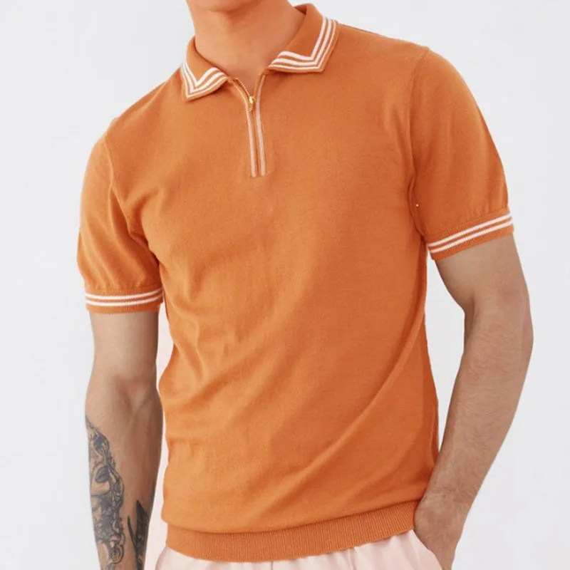 Ice silk thin style hollowed out knitted lapel short sleeve men top slim  hole hole Polo shirt orange European American simple