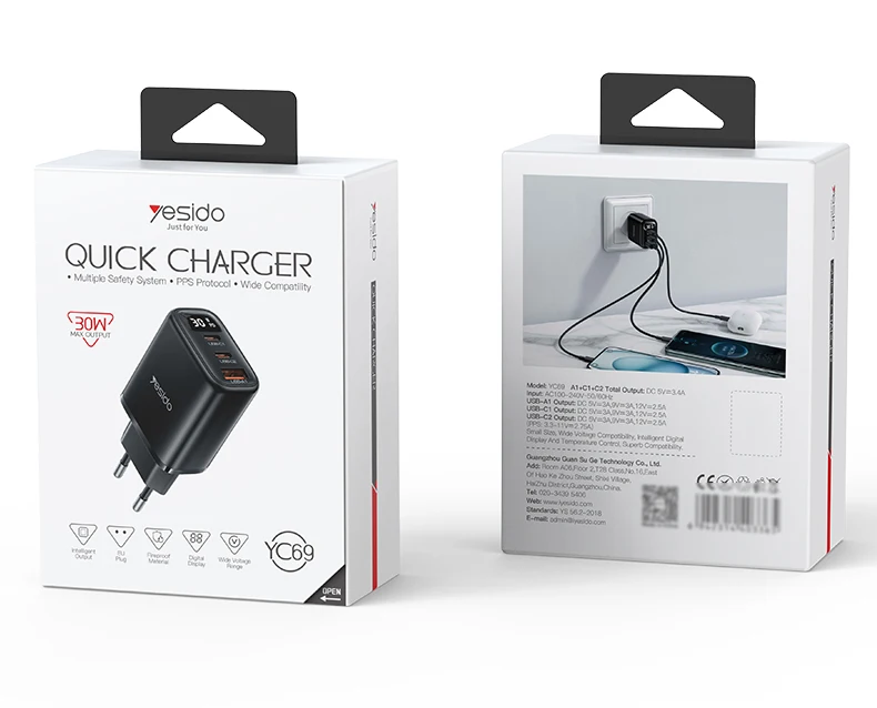 Yesido PD 30W Fast Charging 2*TC & USB Three Ports Smart Digital Display EU Standard Charger