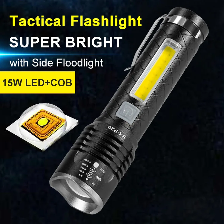 Super Bright LED Flashlight COB Side White Red Light 15W LED Rechargeable 3000 Lumens Outdoor Emergency 4 Modes Zoomable Torch