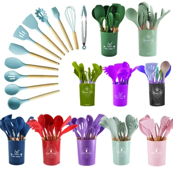 12 Pieces In 1 set Silicone Cooking Utensils Kitchen Accessories Set Non-stick Cookware Kitchenware Tools with Wooden Handles
