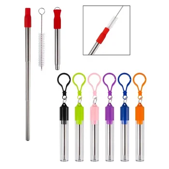 Portable reusable stainless steel metal telescopic straw collapsible foldable drinking straw with cleaning brush for travel