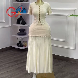 GX2041 Fashion 2026 Women Clothing Boutique Street Wear Ladies Short Sleeve Knitted Tops and Maxi Skirt 2 Piece Set