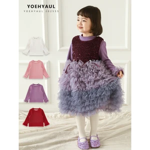 YOEHYAUL D4806 Long Sleeved Kids Winter t Shirt with Lace Fleece Kids Plain for Shirt Kids Girls