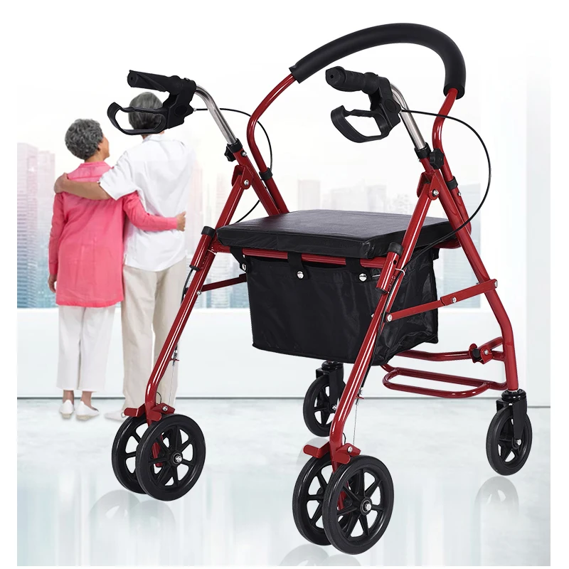 Factory Outlet Rollator Folding Walker Portable Patient Adjustable Shopping Medical Outdoor Steel Rollator Walker with Seat
