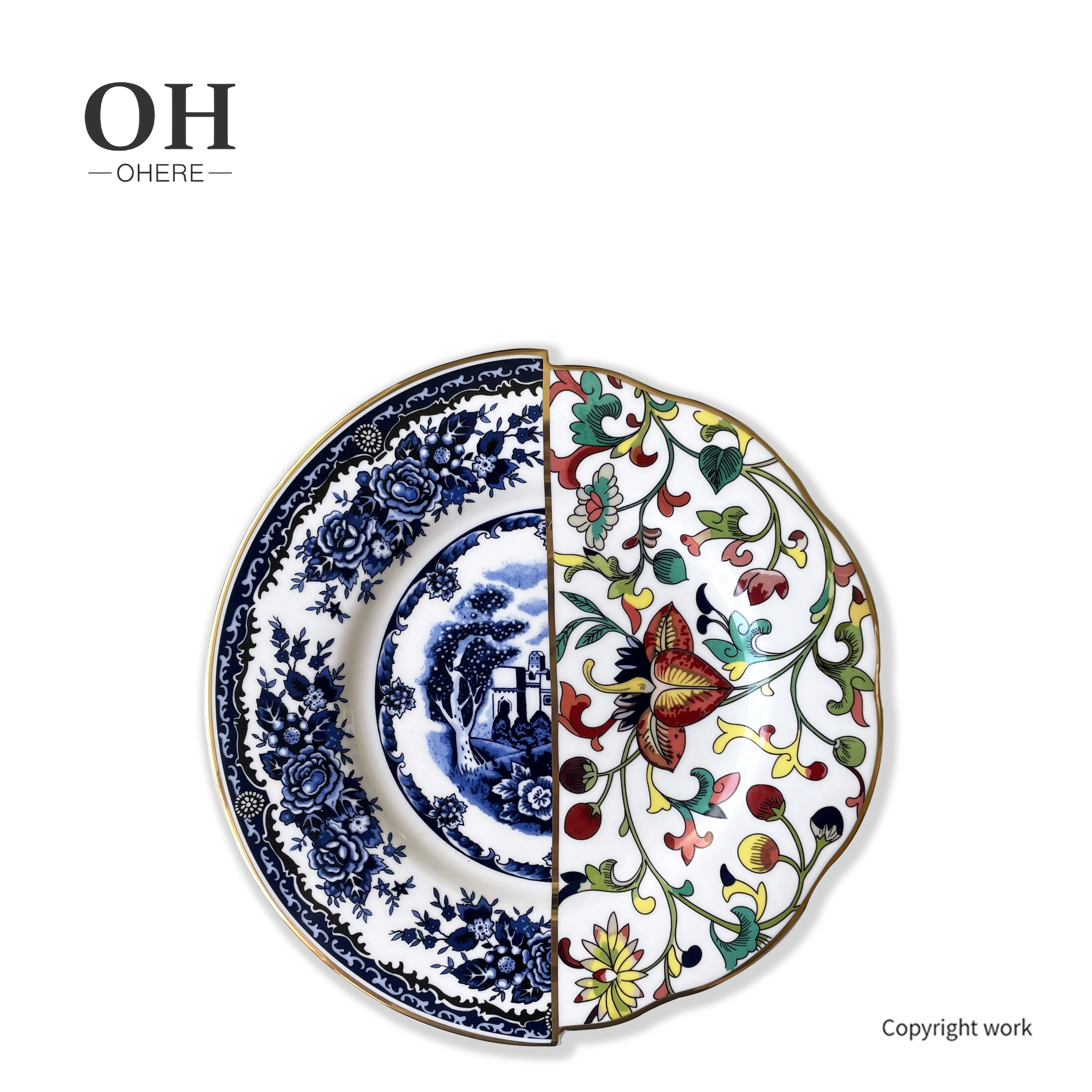 Decorative Nordic Bone China Charger Plate Flower and Animal Dinnerware Set Ceramic Dinner Plate Dishes with Gold Rim