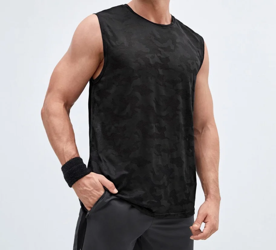 Custom Polyester Elastic Men Tank Top Camouflage Digital Print Quick