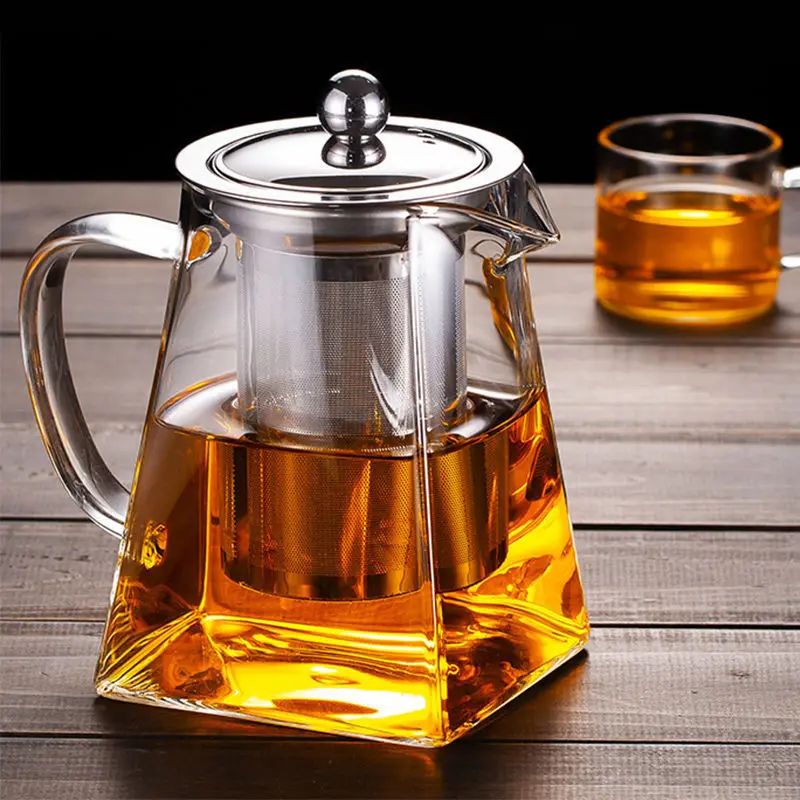 Hot Sale 350ml 550ml 750ml 950ml Square Borosilicate Glass Teapot Decorative Tea Kettles with Stainless Steel Infuser
