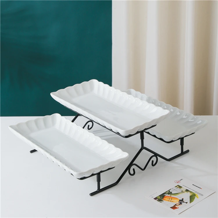 Factory Prices Inimalism 3 Tier Ceramic Hotel Dessert Plates with Metal Iron Stand for Wedding Birthday Party