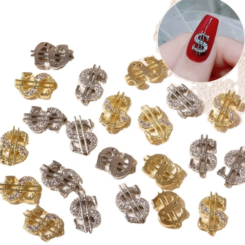 3D Gold Dollar Sign Nail Charms Alloy Jewelry Rhinestones For