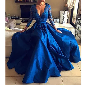 Cheap Royal Blue Evening Dress Lace Appliques Long Sleeves Split Prom Dresses Party Gowns
