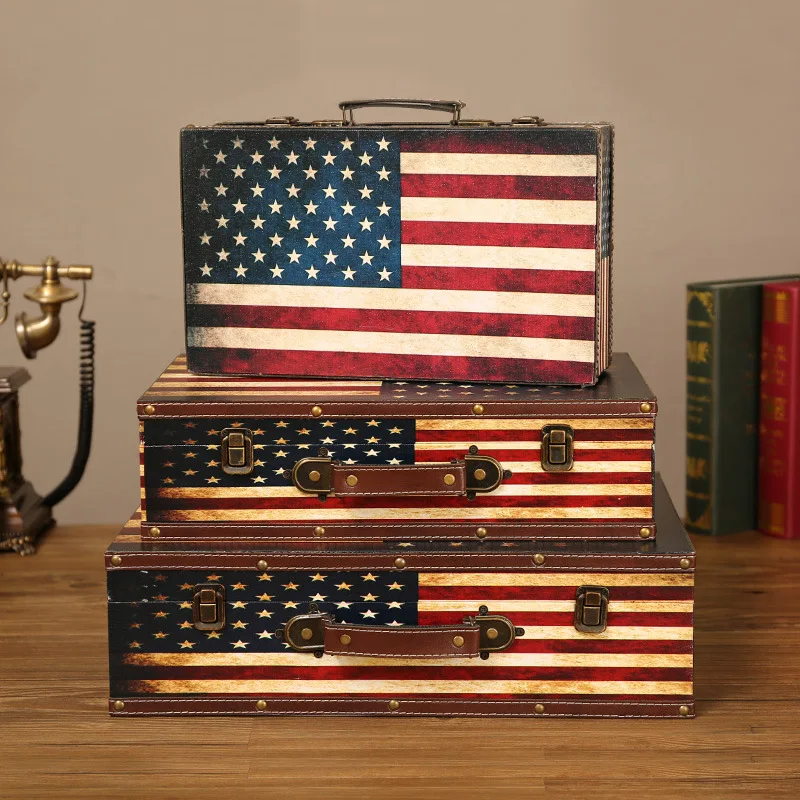 Cheap Europe Style 3 Piece Rustic British Flag Wooden Storage Box Set Antique Wooden Trunk  Storage case