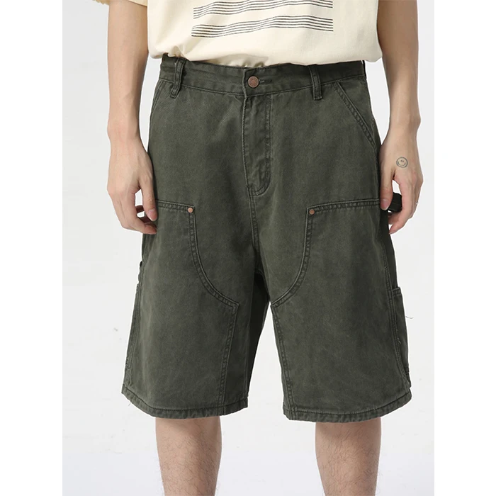 Mens Summer Short Green Straight Loose Wide Leg Washed Workwear Carpenter Style Denim Cargo Shorts Baggy Men Jeans_voghion.com