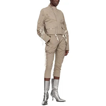 Women's  Stylish Pocket Design With Drawstrings for Casual Streetwear Beige Cargo Jacket and Capri Pants Set