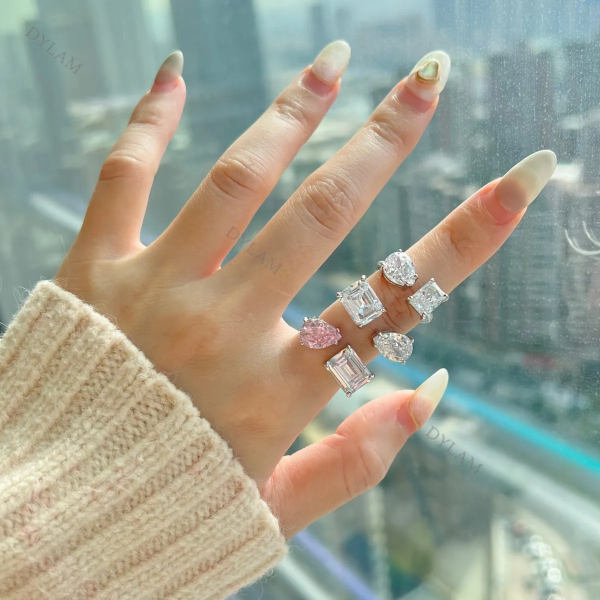 KAKODIY Adjustable Engagement Double Cubic Zirconia Pink Rectangular Open Ring 8A Zircon 925 Sterling Silver Matte Ring detail 6