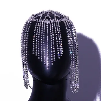 Mesh Round Tassel Long Detail Bridal Tikka Headpiece Wedding Crystal Diamond Rhinestone Wig Head Hair Band Clip Chain For Women