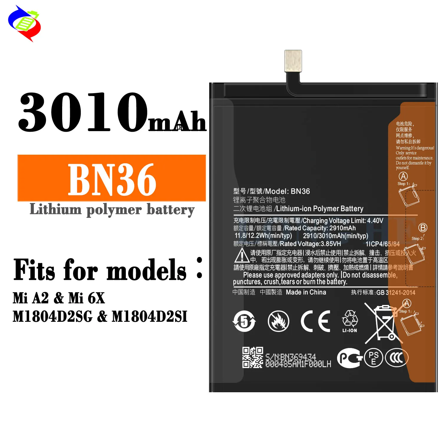 3010mAh Original OEM Mobile Phone Battery BN36 for Xiaomi Mi 6X Mi6X  Lithium Battery
