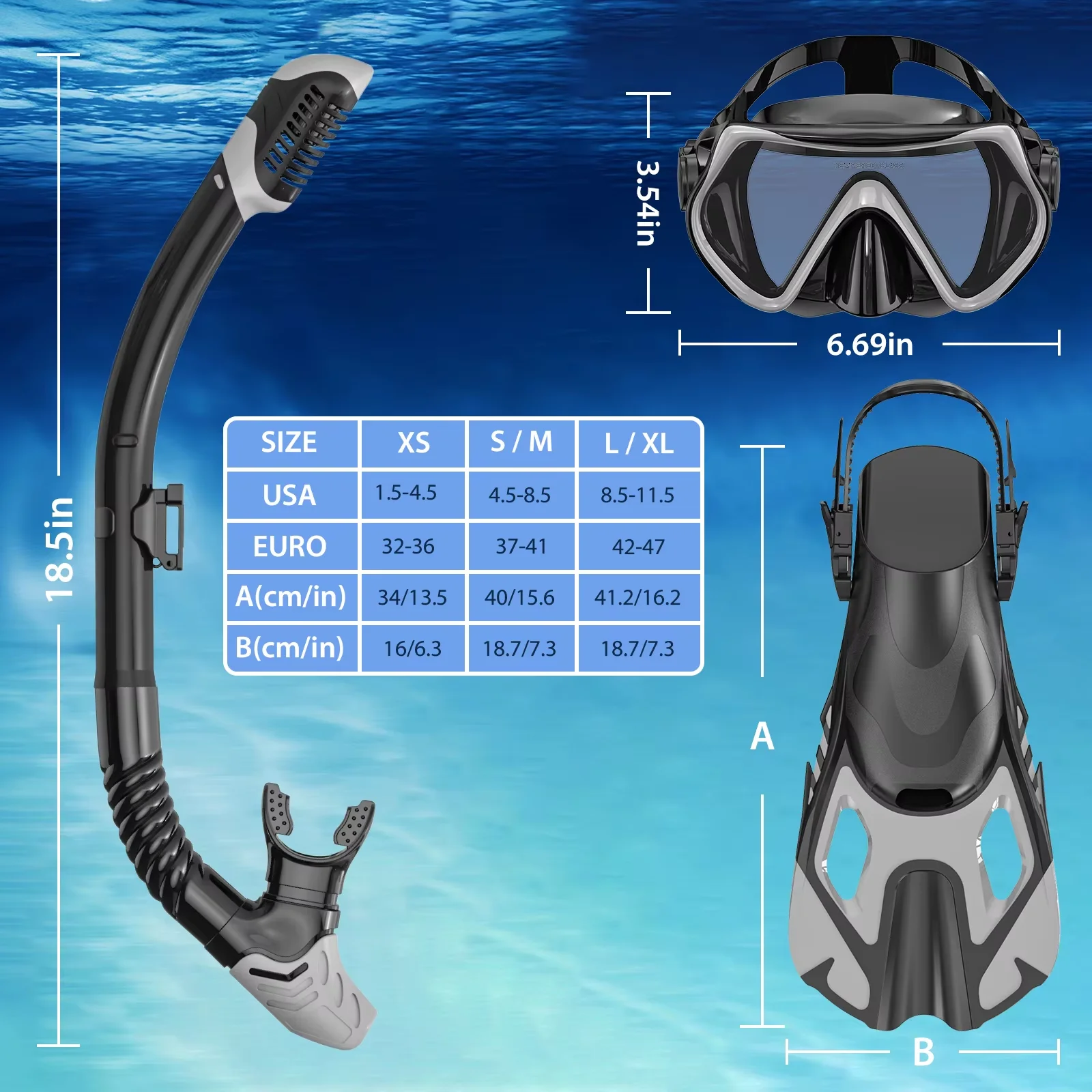 Snorkel Diving Mask Training Fins Flippers Three Piece Set Waterproof Double Lens Tempered Glass Lenses Portable Swimming_desvips.com