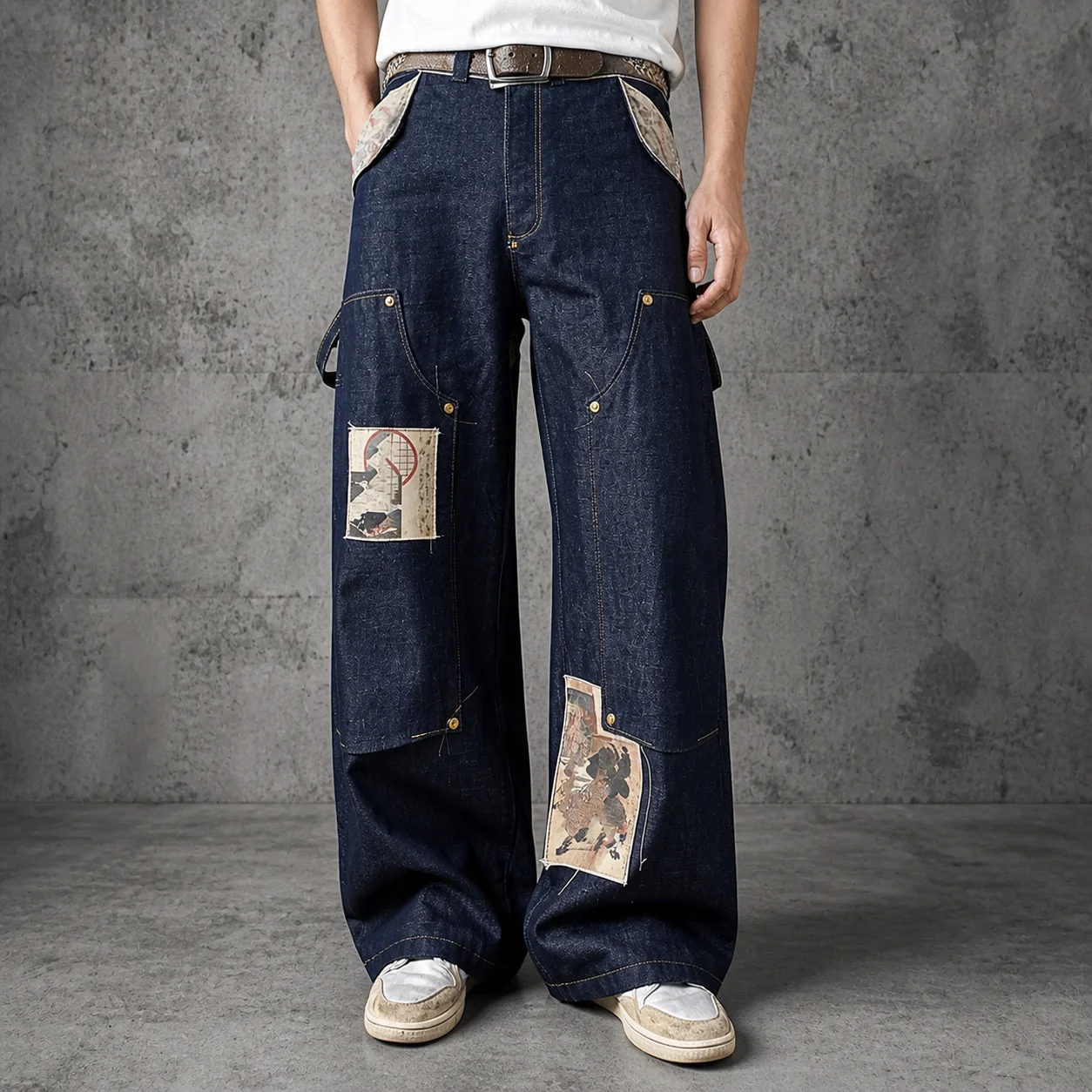 Custom Loose Double Knee Embroidered Printed Straight Fit Raw Japanese Selvedge Vintage Denim Jeans for Men gallery 7
