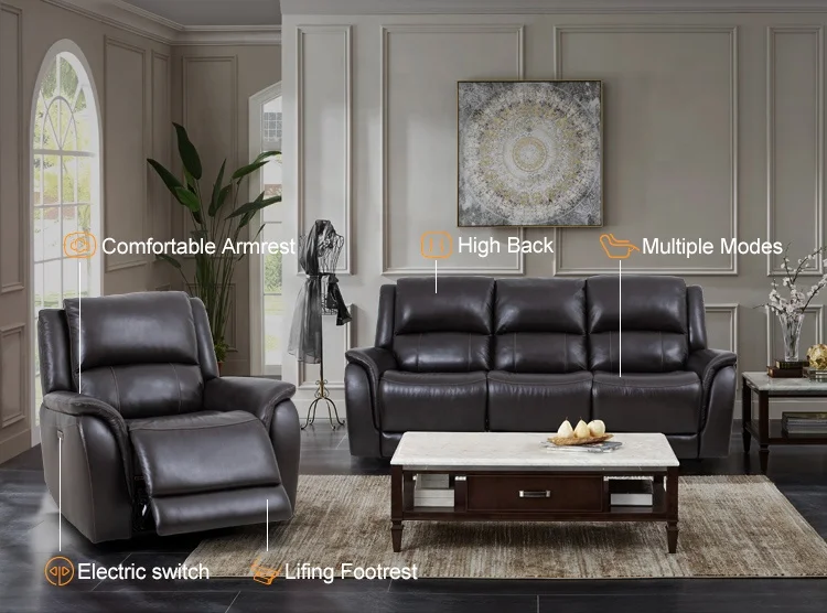 MANWAH CHEERS 3 Seater Recliner with High Back and Footrest Black Genuine Leather Triple Power Recliner Sofa American Style Sofa