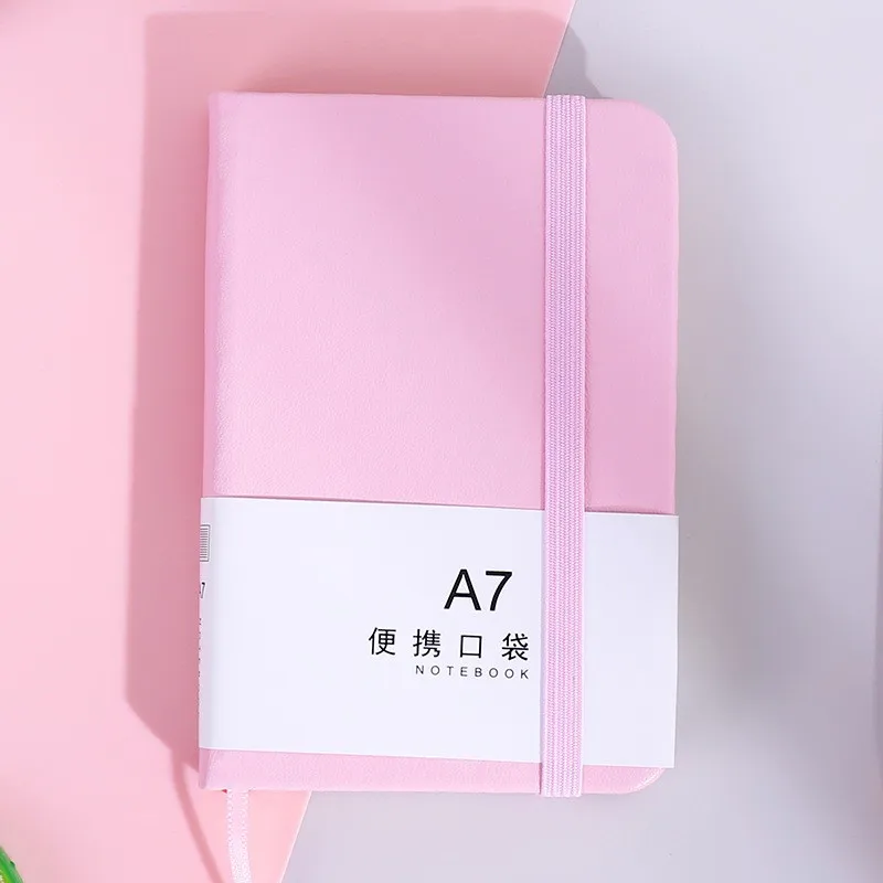 A7 Solid Color Leather Notebook Mini Pocket Portable Journal Notepad Dairy Notebook with Elastic Band