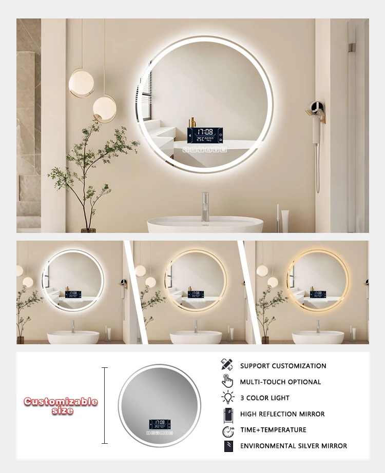 product smart round  morden led bathroom mirrors with adjustable color temperature mirror bluetooth lights mirror-5
