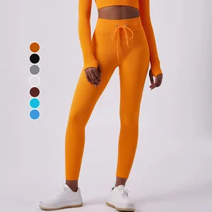 Custom Logo Seamless Women's High Waist Fitness Yoga Leggings Adjustable Rope European American Style Peach Hip Sports Pants