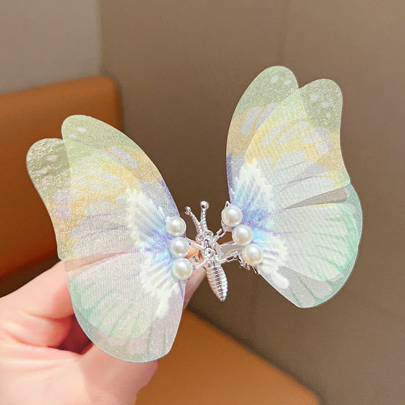 Butterfly Hair Clips Boho Big Pearl Green Butterfly Hair  display picture 3
