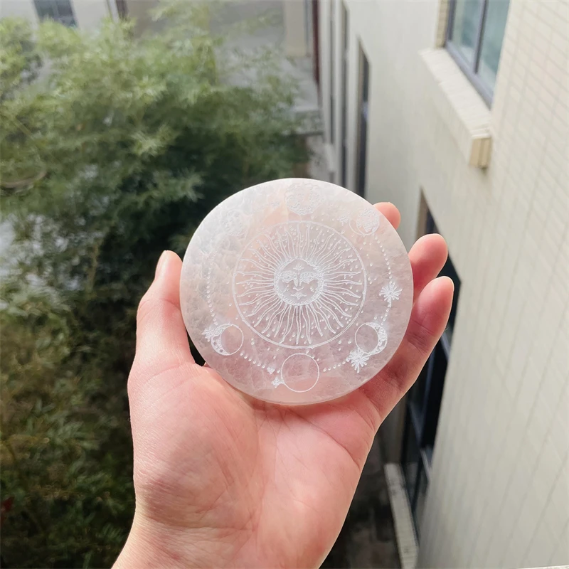 10 cm High Quality Selenite Tree of Life 12 Constellations Coaster Plate Engraved With Chakra Symbol Selenite Carving Slice