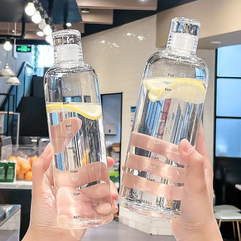 Simple Big Capacity Time Scale Transparent Circular Glass Beverage Water Bottle