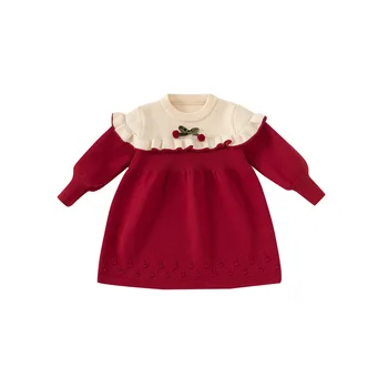 Children's clothing girls sweater new winter style baby dresses red Christmas New Year baby knitted princess dress