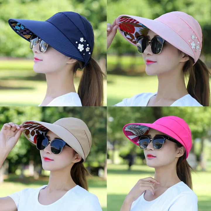 Women Summer Sun Hat Pearl Packable Sun Visor Hat With Big Heads Wide Brim Beach Hat Uv