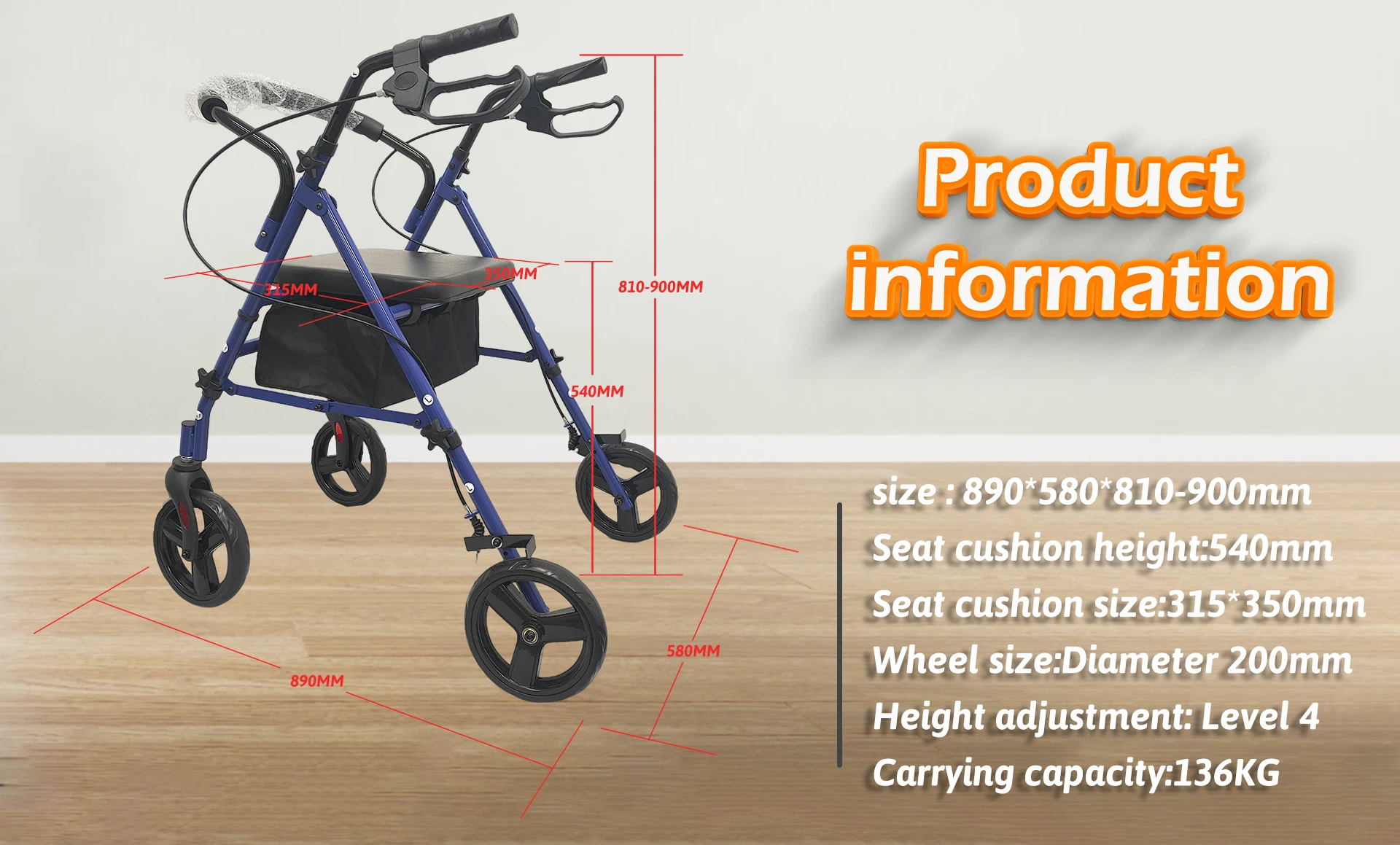 product foldable steel big 4 wheel rollator walker for elderly walker adults walking aids rollator walker-4