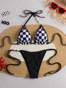 Custom Women's Two-Piece Black and White Rectangle Print Spandex/Polyester Eco-Friendly Quick Dry Bikini for Beach