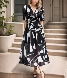Print Elastic Waist Maxi Dresses for Women Elegant Vacation Summer Long Dress