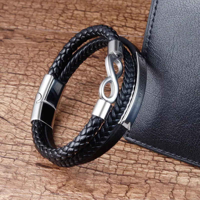 Men's Black Leather & Stainless Steel Bracelet - Double Layer Braided Infinity Charm 8 thumbnail image